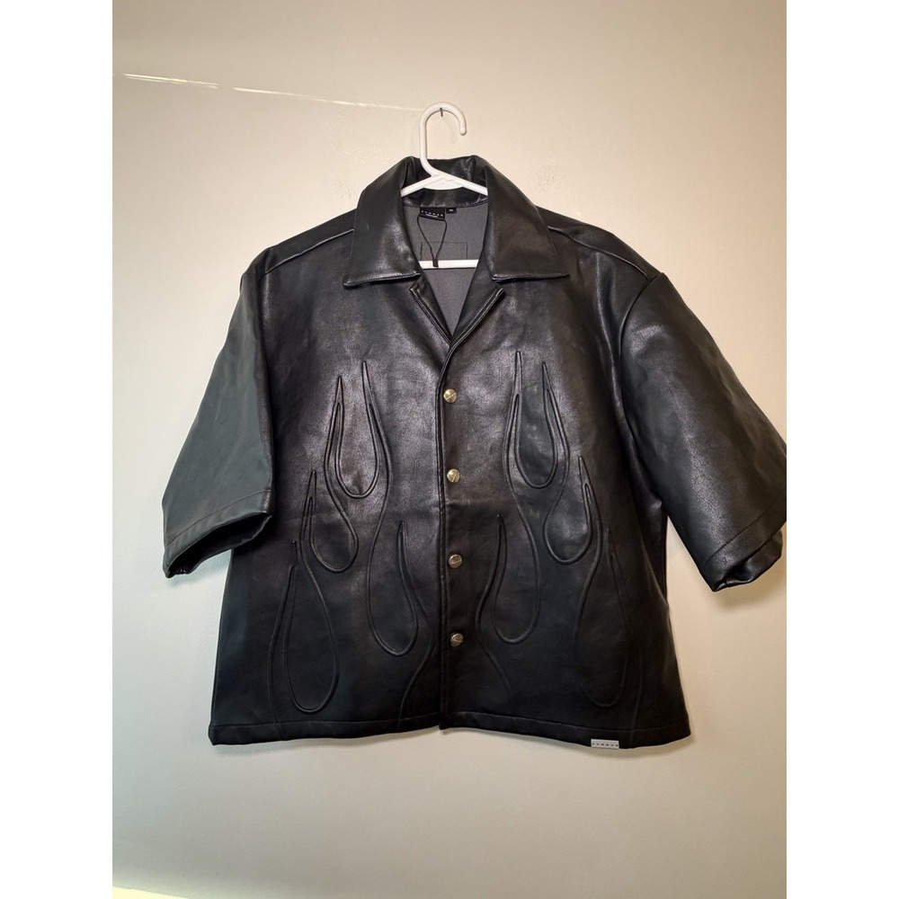 Sumwon Shirt Mens XS Black Flame Button Up Y2K Leather Feel